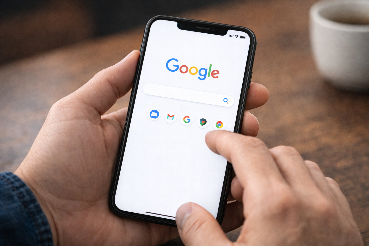 Hand holding smartphone displaying colorful data charts and interface elements