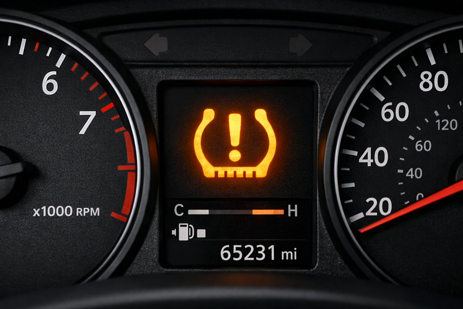Tire pressure warning light illuminated on car dashboard with 65231 miles