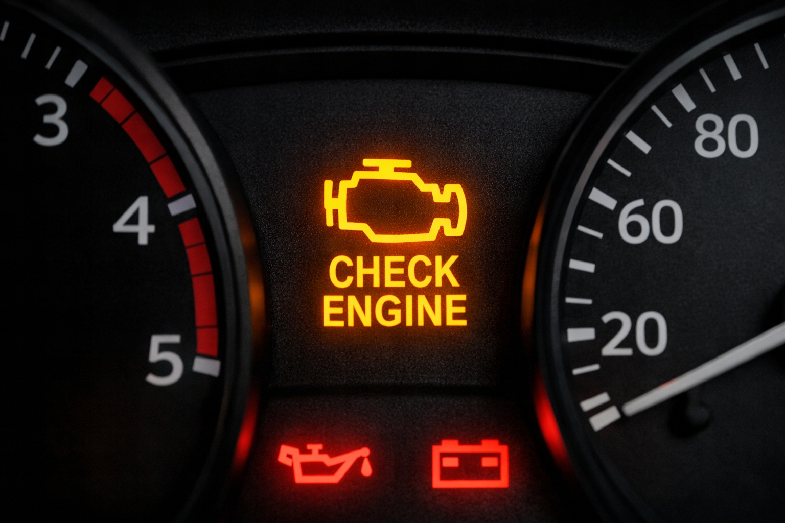 Check engine light, oil warning light, and battery warning light illuminated on vehicle dashboard