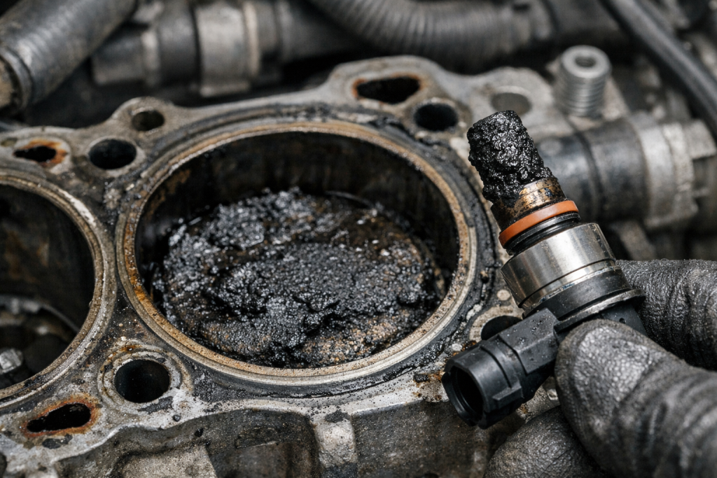 Fuel injector covered in thick carbon deposits held next to an engine cylinder with heavy carbon buildup