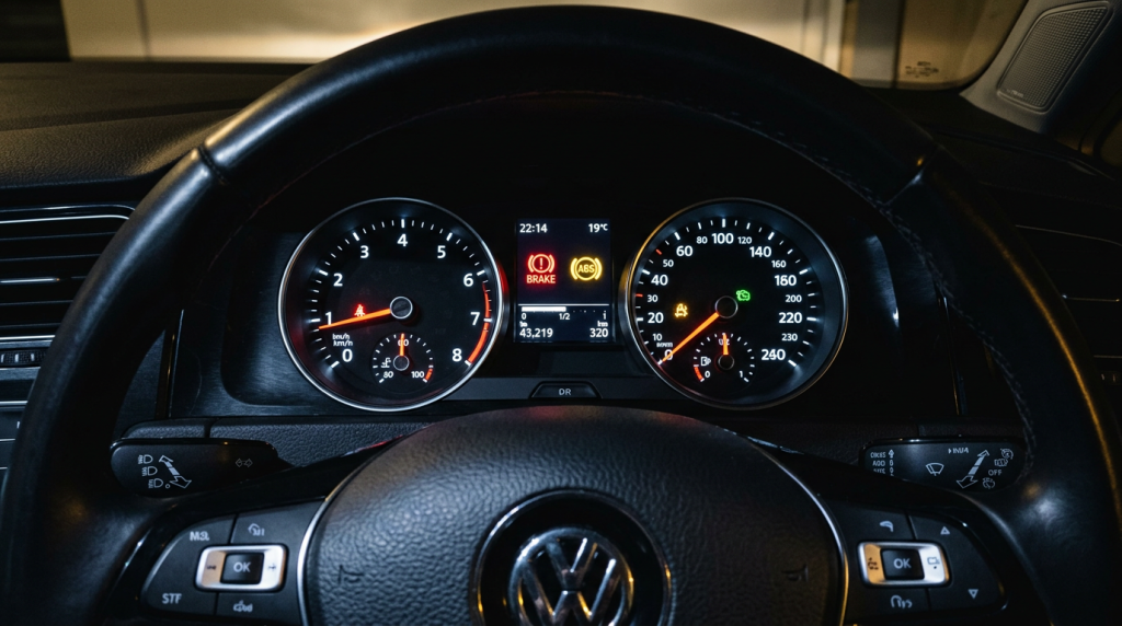 Top Things to Look For When Choosing Professional Brake Repair Near Me 6 Volkswagen car dashboard showing brake and ABS warning lights illuminated