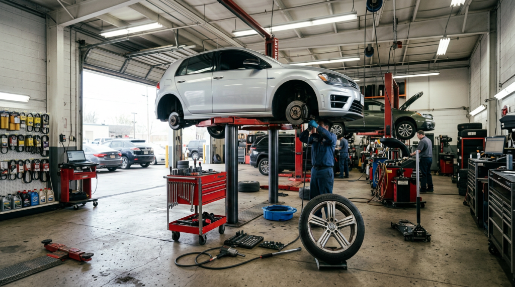 Mechanic repairing white car lifted on hydraulic lift without wheels